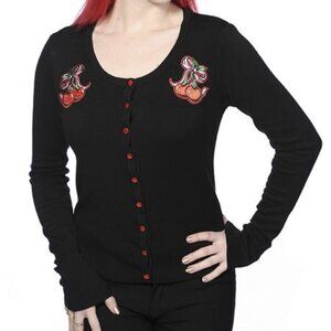 Banned Black Fine Knit Cherry Bow Cardigan, Small, Retro Sweater Cardigan Top